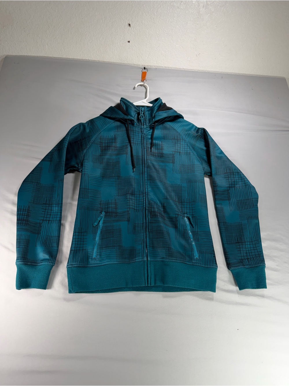 Empyre Men's Size Large Teal Black Geometric Block Full Zip Hooded Jacket
